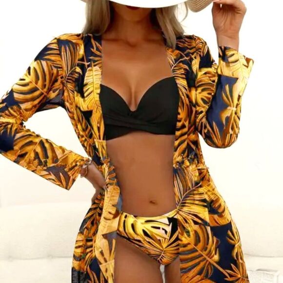 5- 3PCS Tropical Print Crisscross Bikini Set With Cover Up, Chic and Sexy, - Picture 1 of 13
